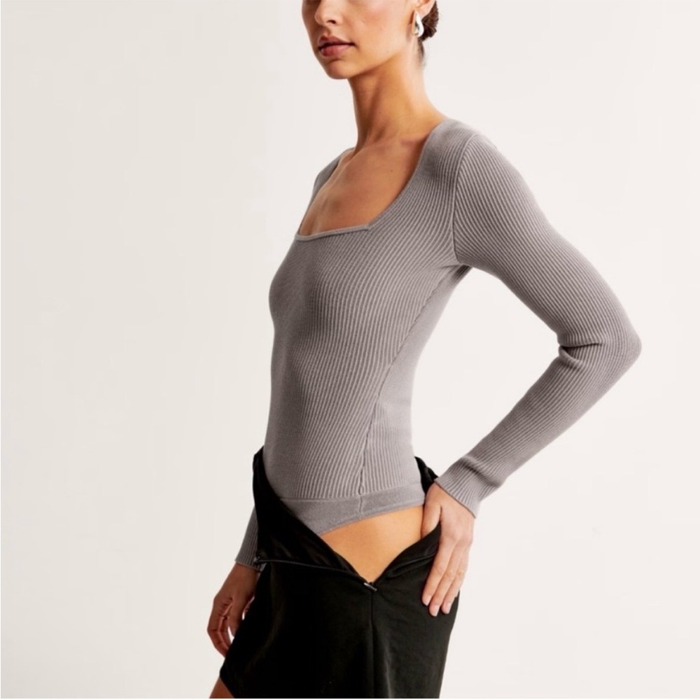 Abercrombie Ribbed Square Neck Long Sleeve Top - Gray